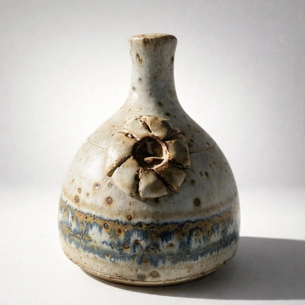STUNNING MID-CENTURY HANDMADE SIGNED STUDIO POTTERY GREY‎ W/ SPECKLED BROWN